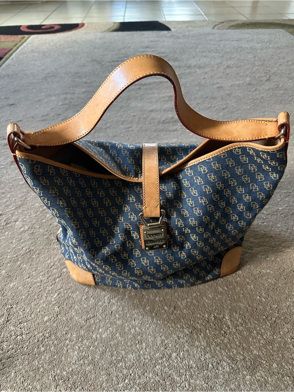 Dooney & Bourke Blue Denim Signature Hobo with Tan Leather Trim